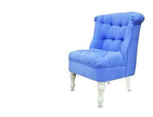 Vintage soft chair from blue suede isolated over white