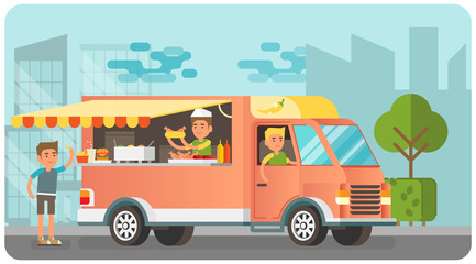 Food truck in the city vector illustration