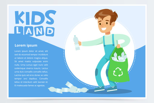 Boy gathering plastic waste for recycling, kids land banner flat vector element for website or mobile app