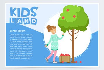 Girl picking apples in garden, eco concept, organic gardening, kids land banner flat vector element for website or mobile app