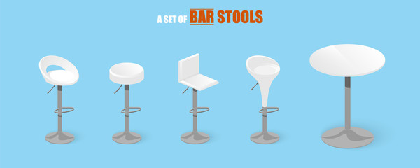 Set of bar stools and table. Bar chair. High chair. Bar interior design. Vector illustration
