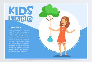 Girl planting young tree, eco concept, kids land banner flat vector element for website or mobile app