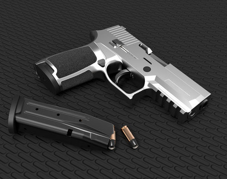 Pistol on the floor in a light room 3d rendering