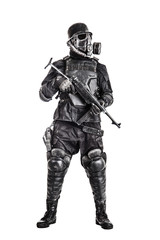 Futuristic  soldier gas mask and steel helmet with schmeisser handgun isolated on white studio shot full body portrait