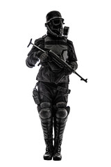 Futuristic nazi soldier sentinel gas mask and steel helmet with schmeisser handgun isolated on...
