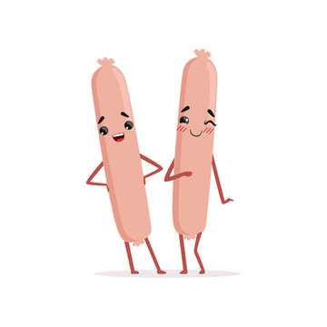 Two cute frankfurter sausages standing isolated on white background. Cartoon meat characters. Flat vector design for menu, food market or butcher store