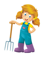 Cartoon farm girl with farming tool - illustration for children