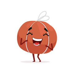 Cheerful smoked boneless ham in net. Cartoon meat character standing isolated on white. Vector design for sticker, menu, food market or butcher store flyer.