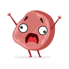 Scared piece of ham standing with hands up. Cartoon character in flat style. Fresh meat product. Isolated vector illustration