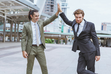 Business man show touching hands with partner. Concept of deal successful and negotiation agreement.
