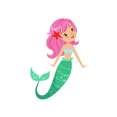 Cartoon mermaid character with pink hair and shiny tail. Beautiful mythical water creature. Underwater life concept. Flat vector illustration