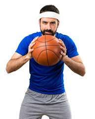 Funny sportsman with ball of basketball on isolated white background