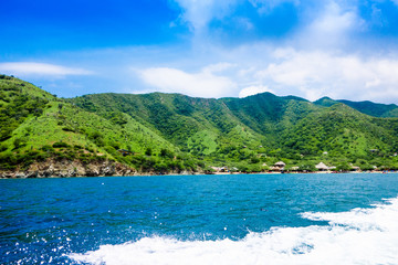 Fototapeta na wymiar Beautiful view of of Taganga bay Santa Marta, perfect harmony in nature, mountains and sea in Colombia