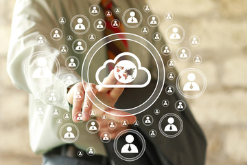 Businessman presses button cloud map icon online network.