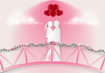 Couple standing on the pink bridge with roses ivy decoration, paper art, paper craft style