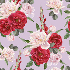Floral seamless pattern with hand drawn watercolor roses, white peonies and gladiolus flowers