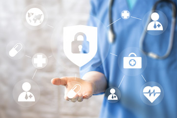 Doctor pushing button locked shield virus security virtual healthcare network medicine - 182978448