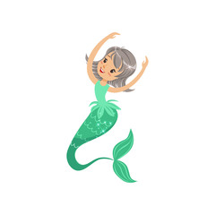 Obraz premium Beautiful young mermaid girl with gray hair and fish tail. Fabulous character form underwater world. Marine life concept. Isolated flat vector