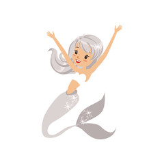 Cheerful young girl with fish tail and shiny gray hair. Mermaid character swimming in underwater world. Marine life concept. Isolated flat vector illustration