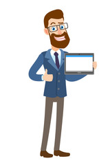 Hipster Businessman holding tablet PC and showing thumb up