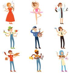 Fototapeta premium Multitasking people set with many hands. Workers of different professions. Flat worker characters with tools and equipment. Vector