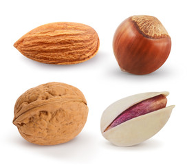 Nuts isolated on white. Collection. Almond, hazelnut,walnut, pistachio.