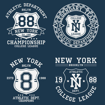 Set of New York, NY vintage graphic for t-shirt. Collection of original clothes design with shield and number. Apparel typography. Sportswear print. Vector illustration.