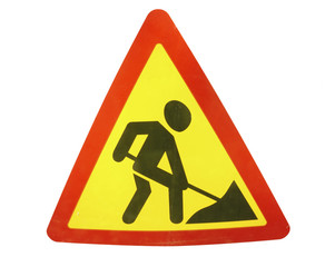 Road works sign for construction works in street