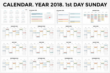 Calendar infographic, table chart, presentation chart. Business period concept. Task manager. Day, week, month. 2018 year. Time management. Organizer date diary.