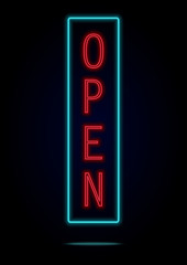 Vintage electric signboard with bright neon lights. Vector illustration. Open neon sign.