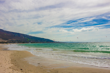 Kitesurfing. Summer landscape. Punta Paloma beach, Tarifa, Spain. Picture taken – 1 october 2017.