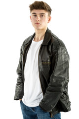 Naklejka premium 18 year old wearing a leather jacket and jeans