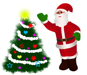 Santa Claus standing with Christmas tree and toys . Illustration of isolated Santa Claus on white background