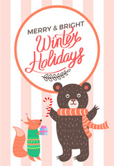 Merry Christma Icon Bear Fox Vector Illustration