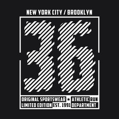 New York, Brooklyn typography t-shirt graphics for run. Design of athletic clothes. Print for sportswear with number. Original apparel stamp. Vector illustration.