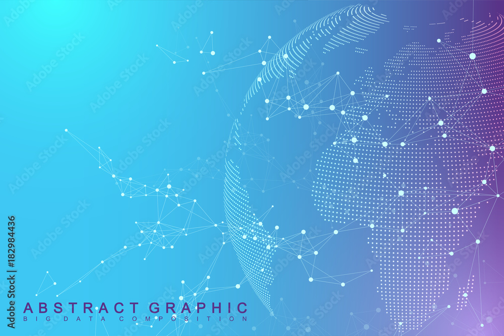 Poster Virtual Graphic Abstract Background Communication with World Globe. Perspective backdrop of depth. Digital data visualization. Vector illustration