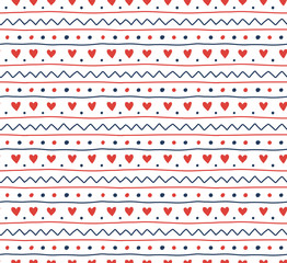Hand drawn seamless vector pattern of a simple Scandinavian ornament, on a white background. Design concept for Christmas, kids textile print, wallpaper, wrapping paper.