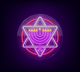 Chanukah vector design - Happy Hanukkah. Neon sign, bright luminous banner for greetings cards. Jewish holiday. Hanukkah Menoru. Neon sign on transparent glass