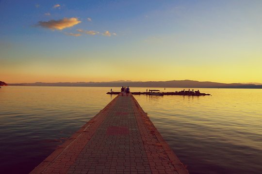 Infinity pier in sunset. Ohrid lake, Macedonia