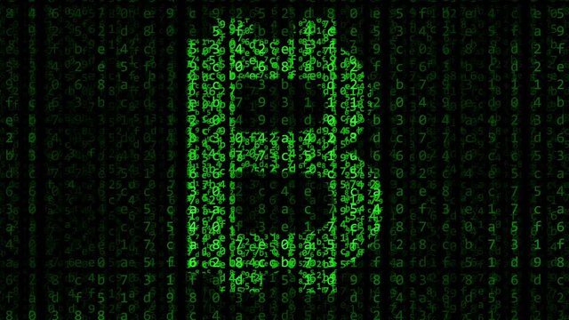 Bitcoin symbol made of green figures on a black computer screen. Cryptocurrency related motion background