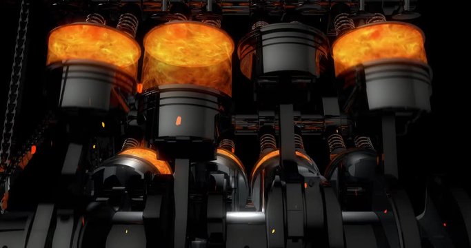 Close Up A Working V8 Engine Animation With Sparks - Loop