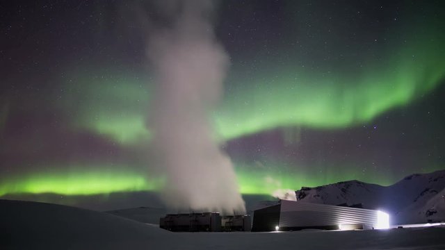 High tech geothermal steam power generator bright aurora borealis Reykjavik Iceland 4k.mov