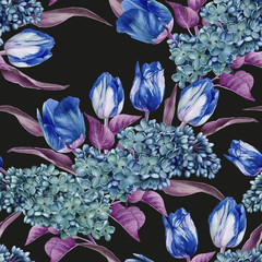 Floral seamless pattern with watercolor lilac and tulips