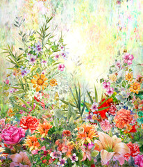 Fototapeta na wymiar Abstract colorful flowers watercolor painting. Spring multicolored in .nature.