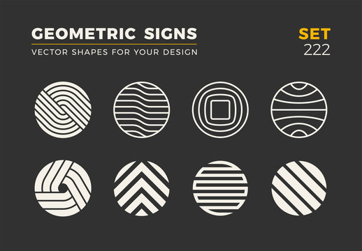 Set of eight minimalistic trendy shapes. Stylish vector logo emblems for Your design. Simple geometric signs collection.