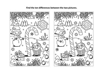 Winter holidays, New Year or Christmas themed find the ten differences picture puzzle and coloring page with magical candy cane, owl and snowman.
