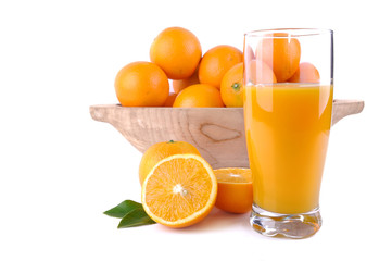 glass of orange juice with fruit and press citrus on white background