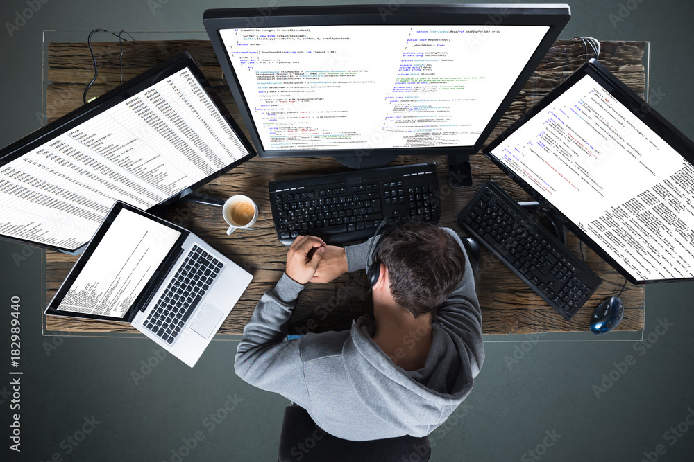 Poster elevated view of man sleeping on desk