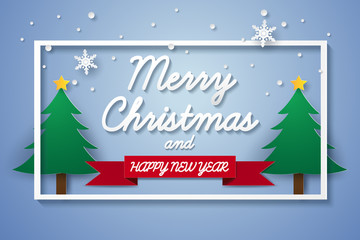 Merry Christmas and Happy New Year ,  lettering with tree in frame , xmas card , paper art style
