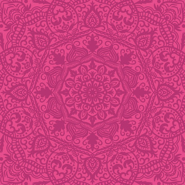 Pink ornamental lacy seamless pattern, mandalas, lace background. 